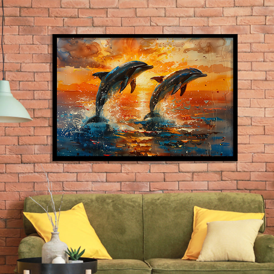 Jumping Couple Dolphin In Sunset Watercolor, Painting Art, Framed Art Print Wall Art Home Decor