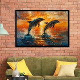 Jumping Couple Dolphin In Sunset Watercolor, Painting Art, Framed Art Print Wall Art Home Decor