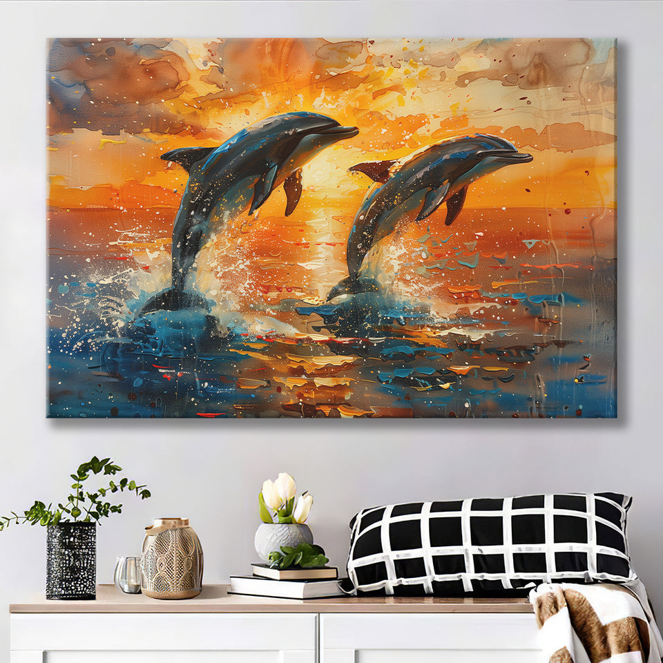 Jumping Couple Dolphin In Sunset Watercolor, Art Print, Canvas Print Wall Art Home Decor