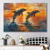 Jumping Couple Dolphin In Sunset Watercolor, Art Print, Canvas Print Wall Art Home Decor