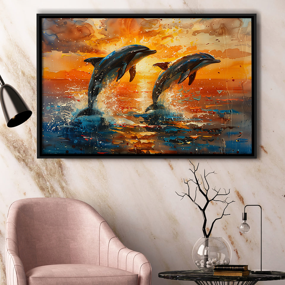Jumping Couple Dolphin In Sunset Watercolor, Floating Frame, Framed Canvas Print Wall Art Home Decor