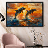 Jumping Couple Dolphin In Sunset Watercolor, Floating Frame, Framed Canvas Print Wall Art Home Decor