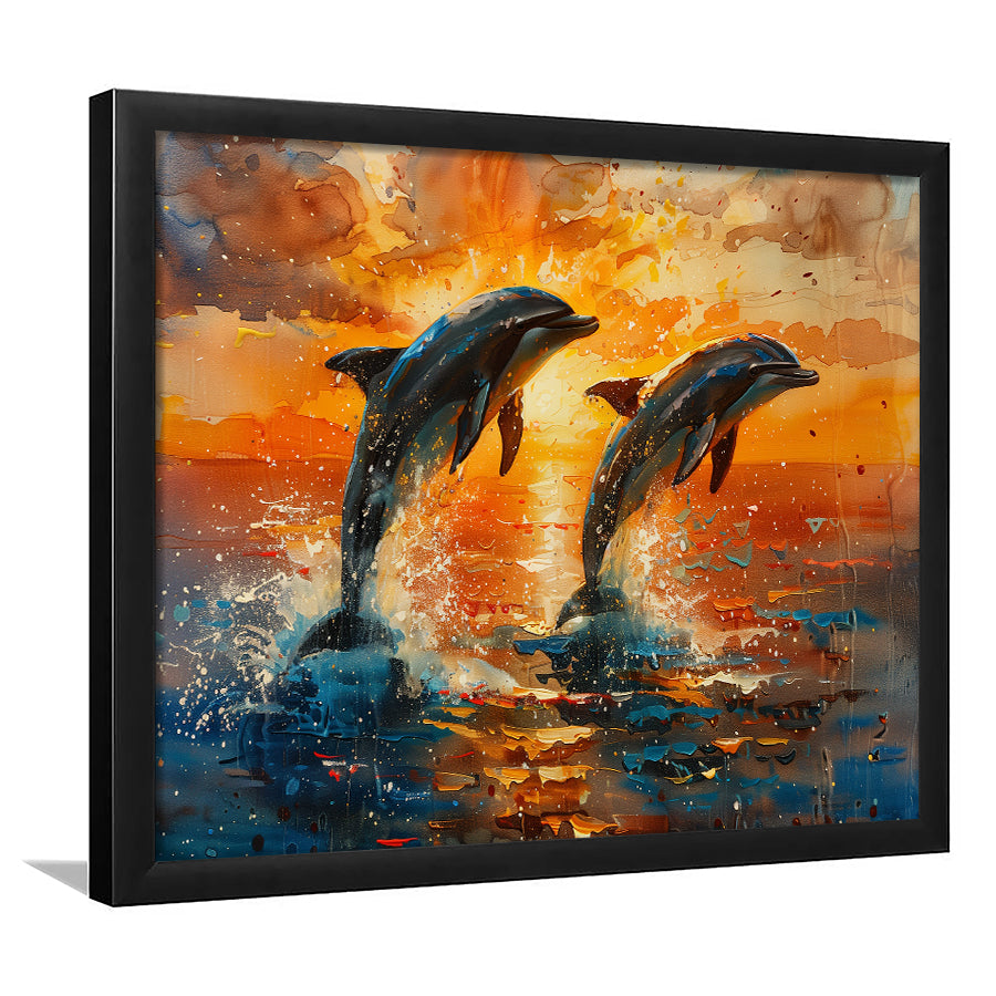 Jumping Couple Dolphin In Sunset Watercolor, Painting Art, Framed Art Print Wall Art Home Decor
