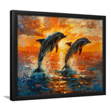 Jumping Couple Dolphin In Sunset Watercolor, Painting Art, Framed Art Print Wall Art Home Decor