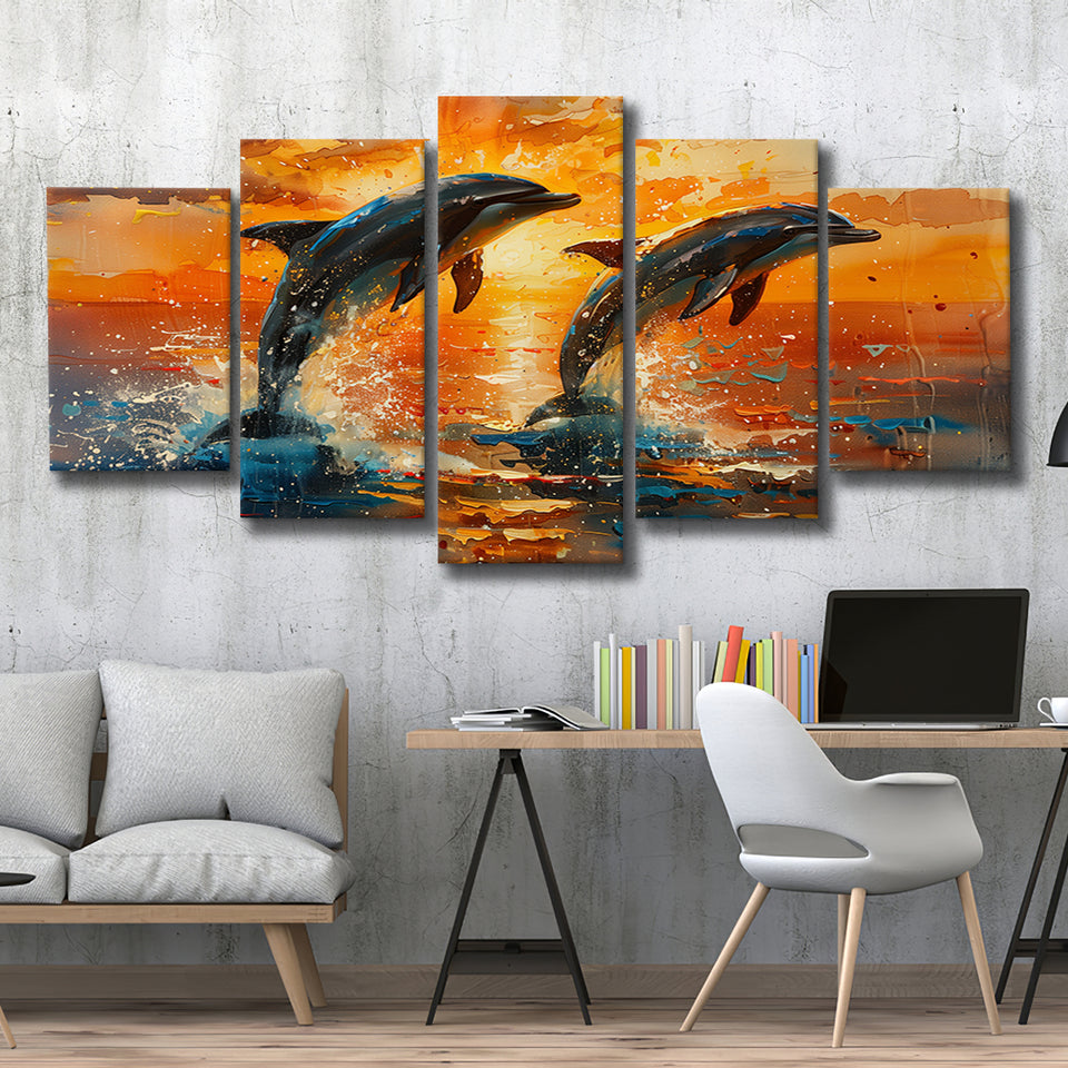 Jumping Couple Dolphin In Sunset Watercolor, Multi Panel,Mixed Canvas Print Wall Art Decor