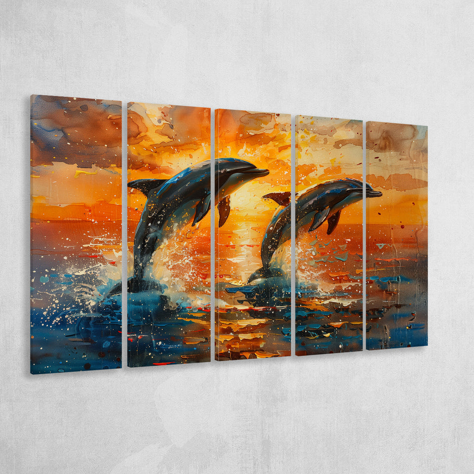 Jumping Couple Dolphin In Sunset Watercolor, Extra Large Canvas, Canvas Print Wall Art Decor