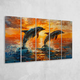 Jumping Couple Dolphin In Sunset Watercolor, Extra Large Canvas, Canvas Print Wall Art Decor