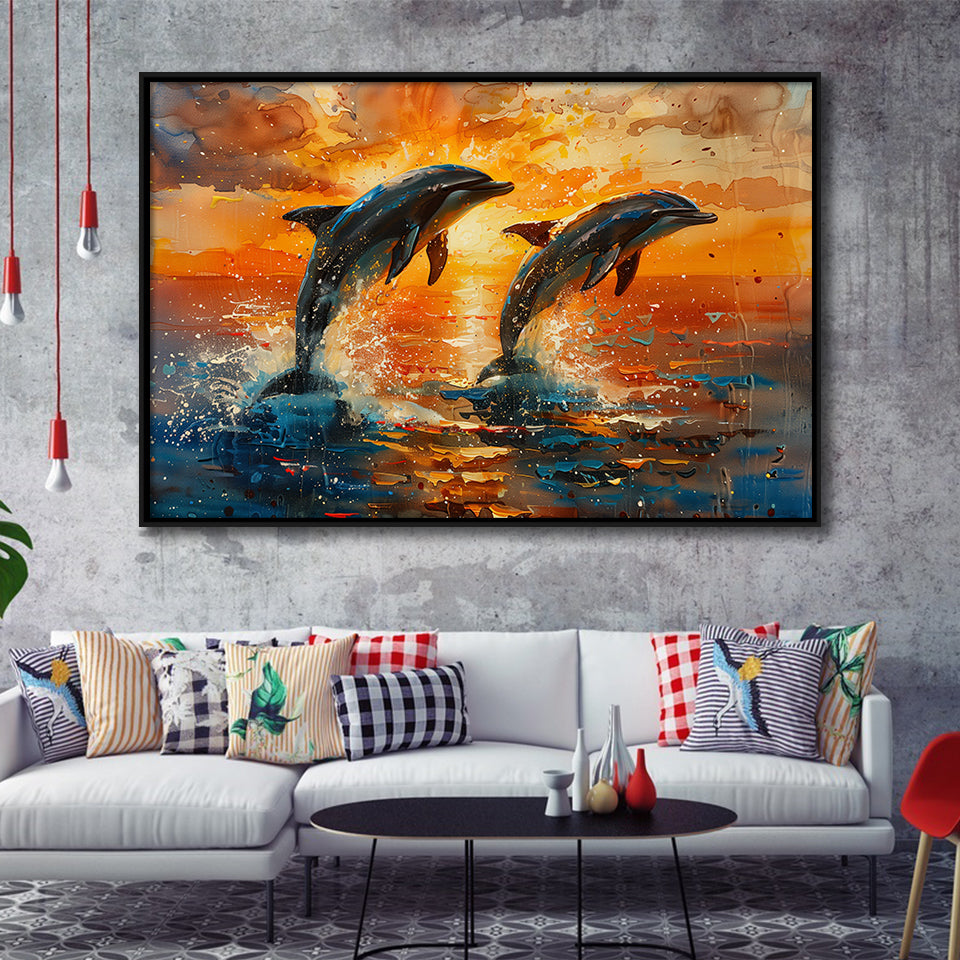 Jumping Couple Dolphin In Sunset Watercolor, Floating Frame, Framed Canvas Print Wall Art Home Decor