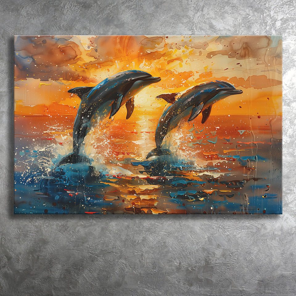 Jumping Couple Dolphin In Sunset Watercolor, Art Print, Canvas Print Wall Art Home Decor