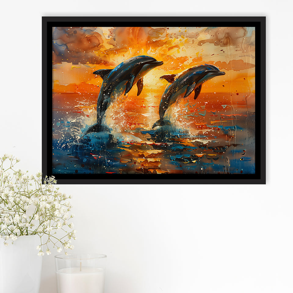 Jumping Couple Dolphin In Sunset Watercolor, Floating Frame, Framed Canvas Print Wall Art Home Decor