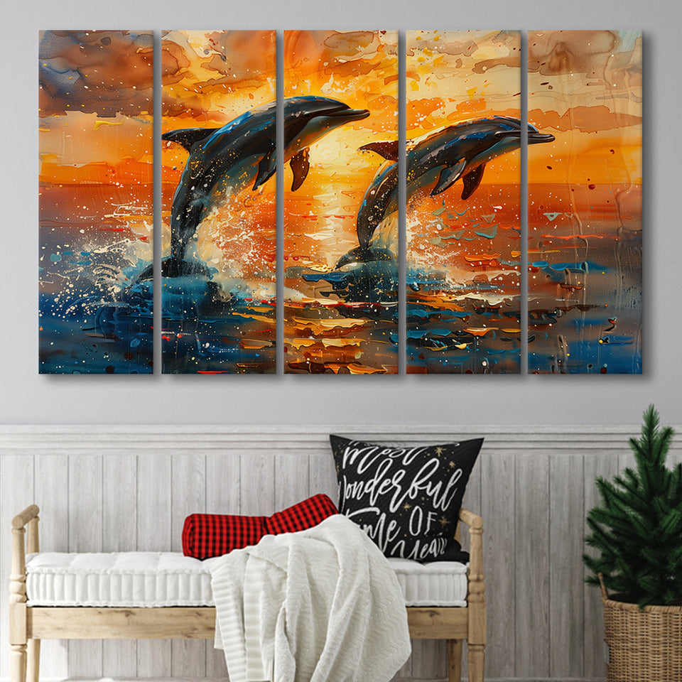 Jumping Couple Dolphin In Sunset Watercolor, Extra Large Canvas, Canvas Print Wall Art Decor