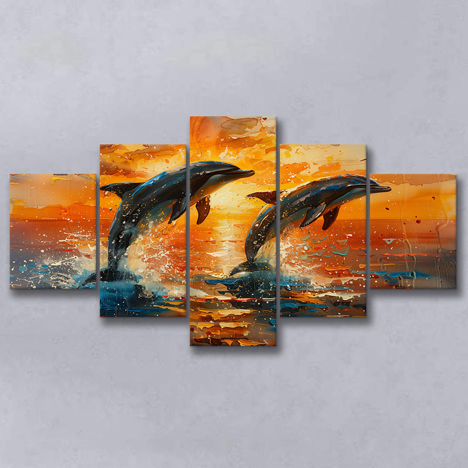 Jumping Couple Dolphin In Sunset Watercolor, Multi Panel,Mixed Canvas Print Wall Art Decor