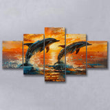 Jumping Couple Dolphin In Sunset Watercolor, Multi Panel,Mixed Canvas Print Wall Art Decor