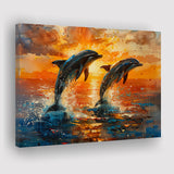 Jumping Couple Dolphin In Sunset Watercolor, Art Print, Canvas Print Wall Art Home Decor