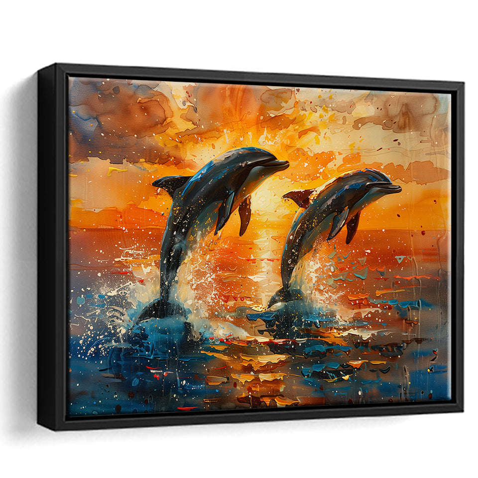 Jumping Couple Dolphin In Sunset Watercolor, Floating Frame, Framed Canvas Print Wall Art Home Decor