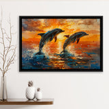 Jumping Couple Dolphin In Sunset Watercolor, Floating Frame, Framed Canvas Print Wall Art Home Decor
