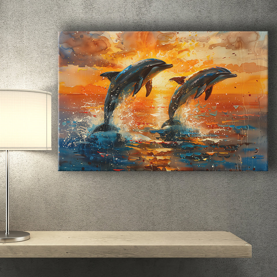 Jumping Couple Dolphin In Sunset Watercolor, Art Print, Canvas Print Wall Art Home Decor