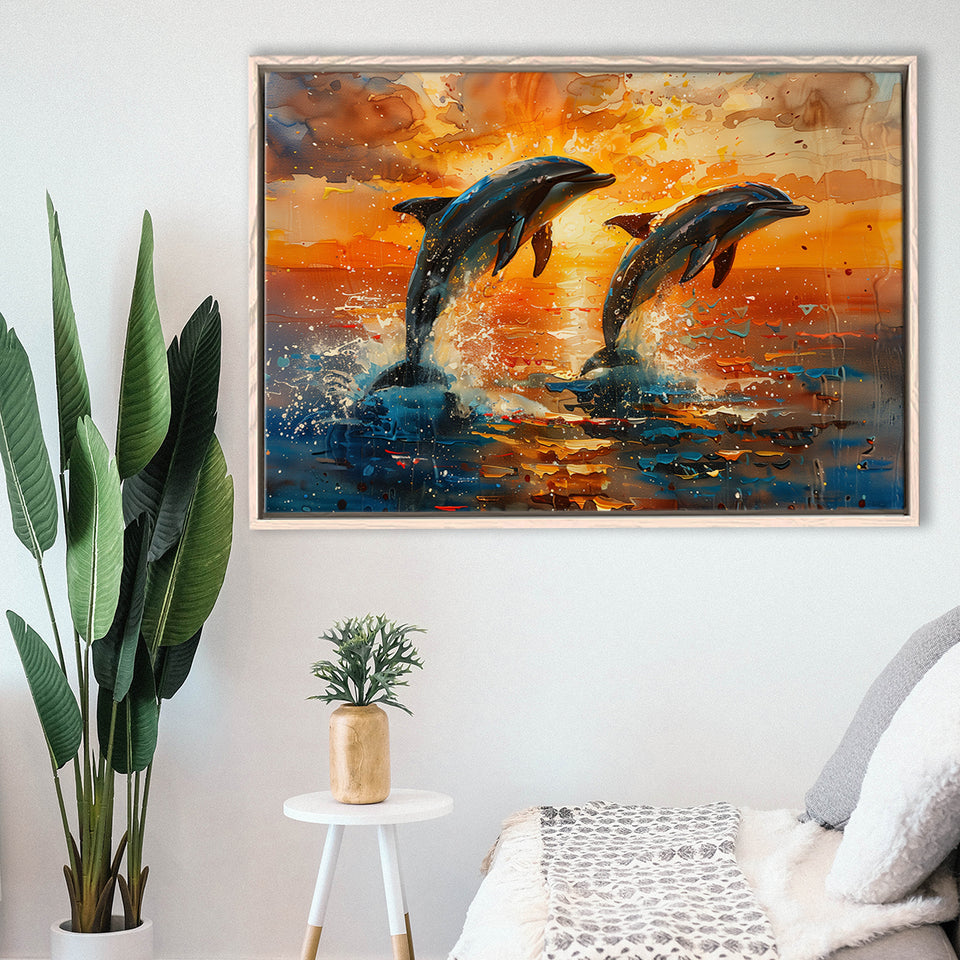 Jumping Couple Dolphin In Sunset Watercolor, Floating Frame, Framed Canvas Print Wall Art Home Decor
