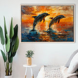 Jumping Couple Dolphin In Sunset Watercolor, Floating Frame, Framed Canvas Print Wall Art Home Decor