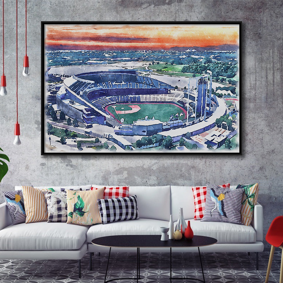 Kauffman Stadium WaterColor Framed Canvas Prints, Kansas City, Missouri Baseball Watercolor, Stadium Art Gifts, Floating Frame
