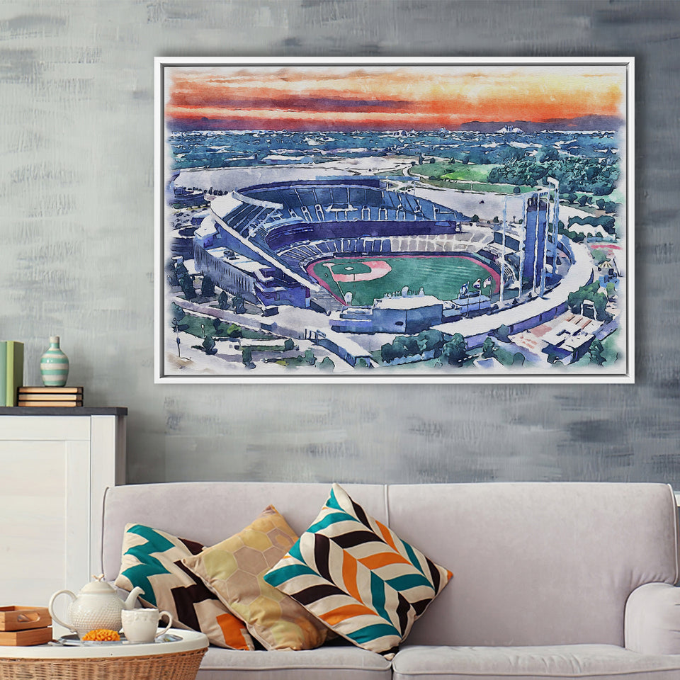 Kauffman Stadium WaterColor Framed Canvas Prints, Kansas City, Missouri Baseball Watercolor, Stadium Art Gifts, Floating Frame