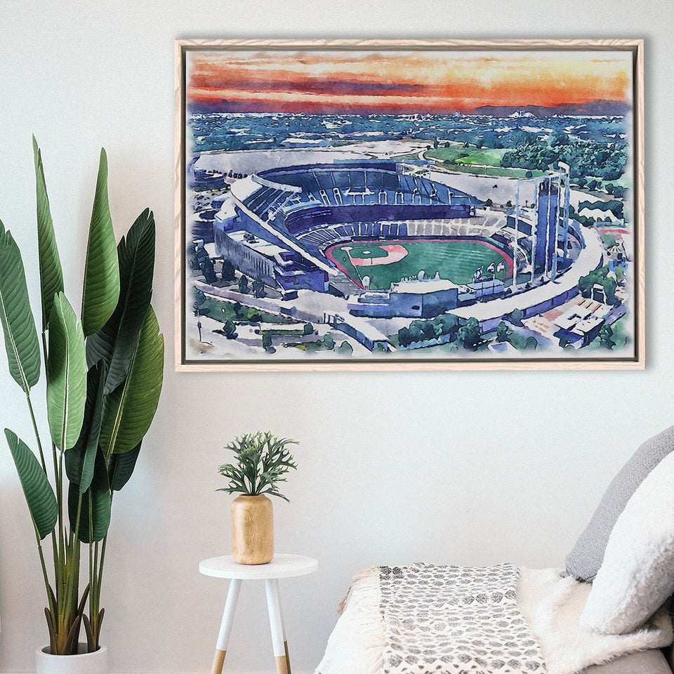 Kauffman Stadium WaterColor Framed Canvas Prints, Kansas City, Missouri Baseball Watercolor, Stadium Art Gifts, Floating Frame