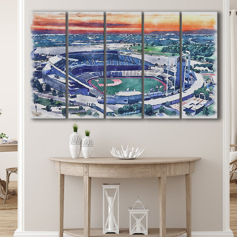 Kauffman Stadium WaterColor 5 Panels B Mixed Canvas Prints, Extra Large, Kansas City, Missouri Baseball Watercolor