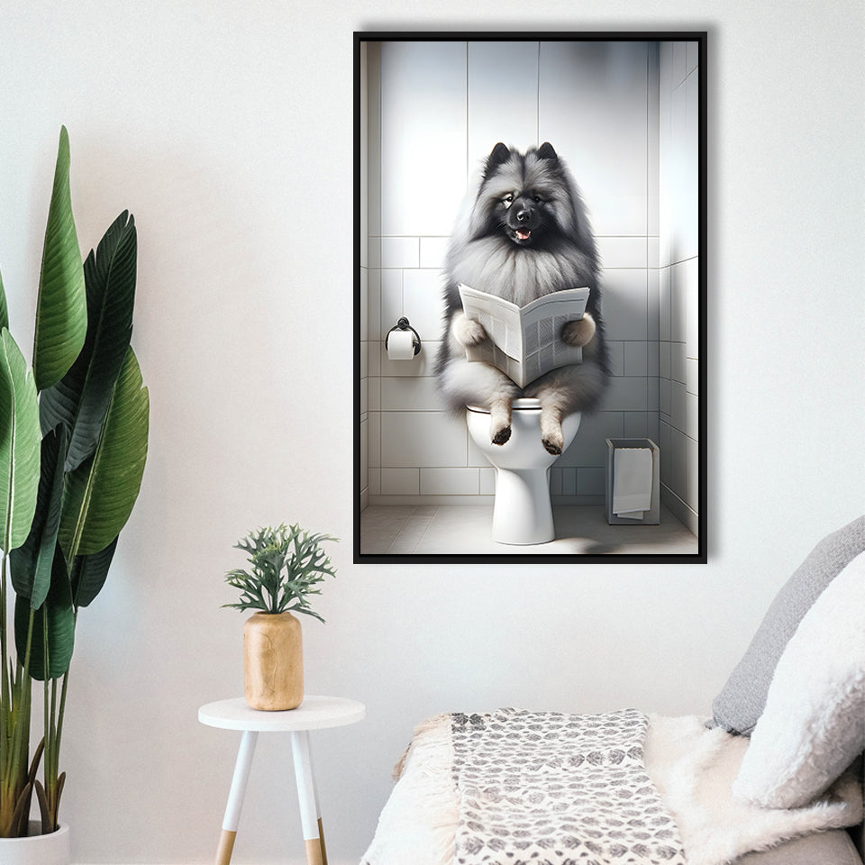 Keeshond Framed Canvas Prints Wall Art, Funny Bathroom Decor, Keeshond In Toilet