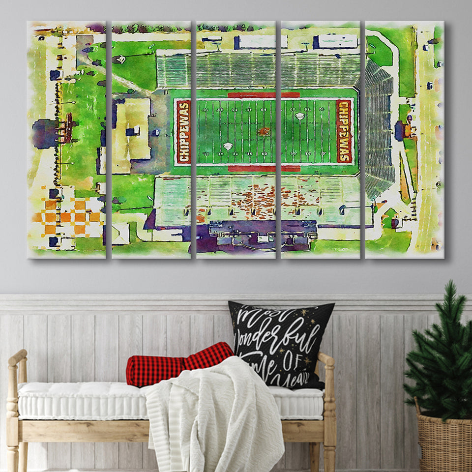KellyShorts Stadium WaterColor 5 Panels B Mixed Canvas Prints, Extra Large, Mount Pleasant Michigan Watercolor