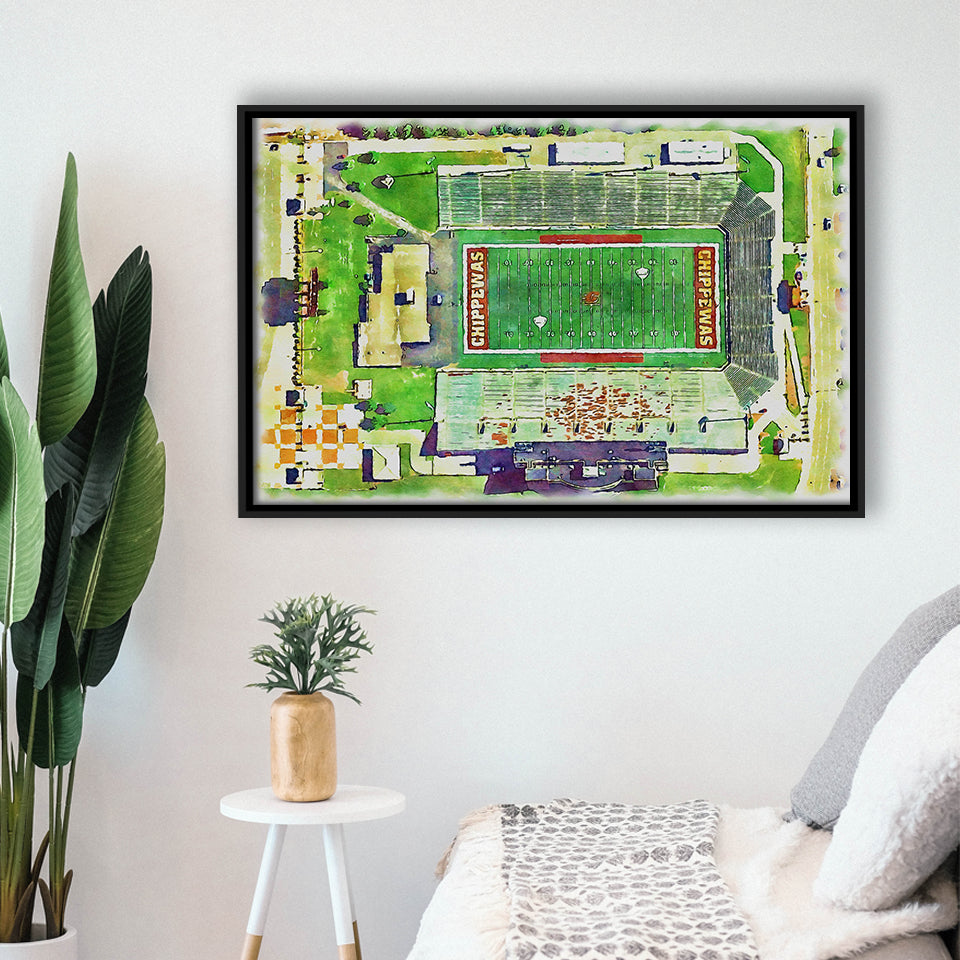 KellyShorts Stadium WaterColor Framed Canvas Prints, Mount Pleasant Michigan Watercolor, Stadium Art Gifts, Floating Frame