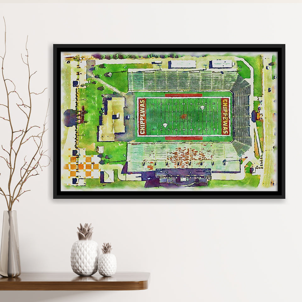 KellyShorts Stadium WaterColor Framed Canvas Prints, Mount Pleasant Michigan Watercolor, Stadium Art Gifts, Floating Frame