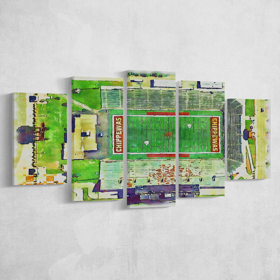 KellyShorts Stadium WaterColor 5 Panels Mix Canvas Prints, Mount Pleasant Michigan Watercolor, Large Stadium Canvas