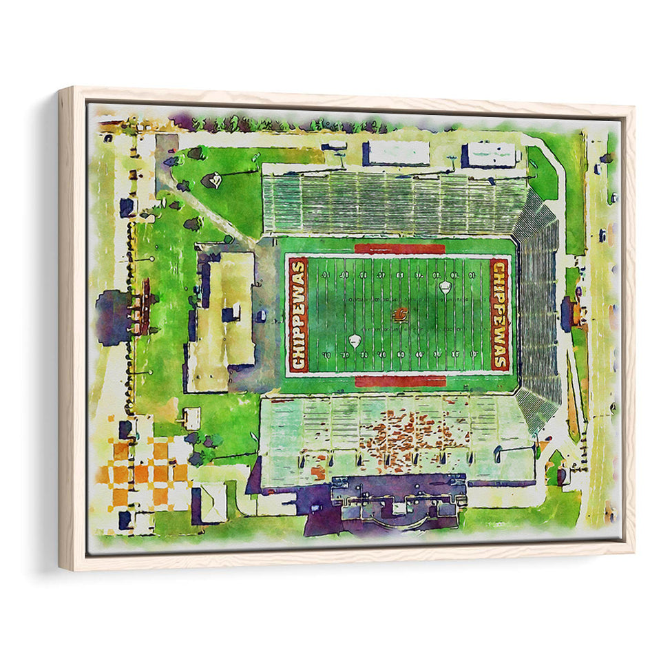 KellyShorts Stadium WaterColor Framed Canvas Prints, Mount Pleasant Michigan Watercolor, Stadium Art Gifts, Floating Frame