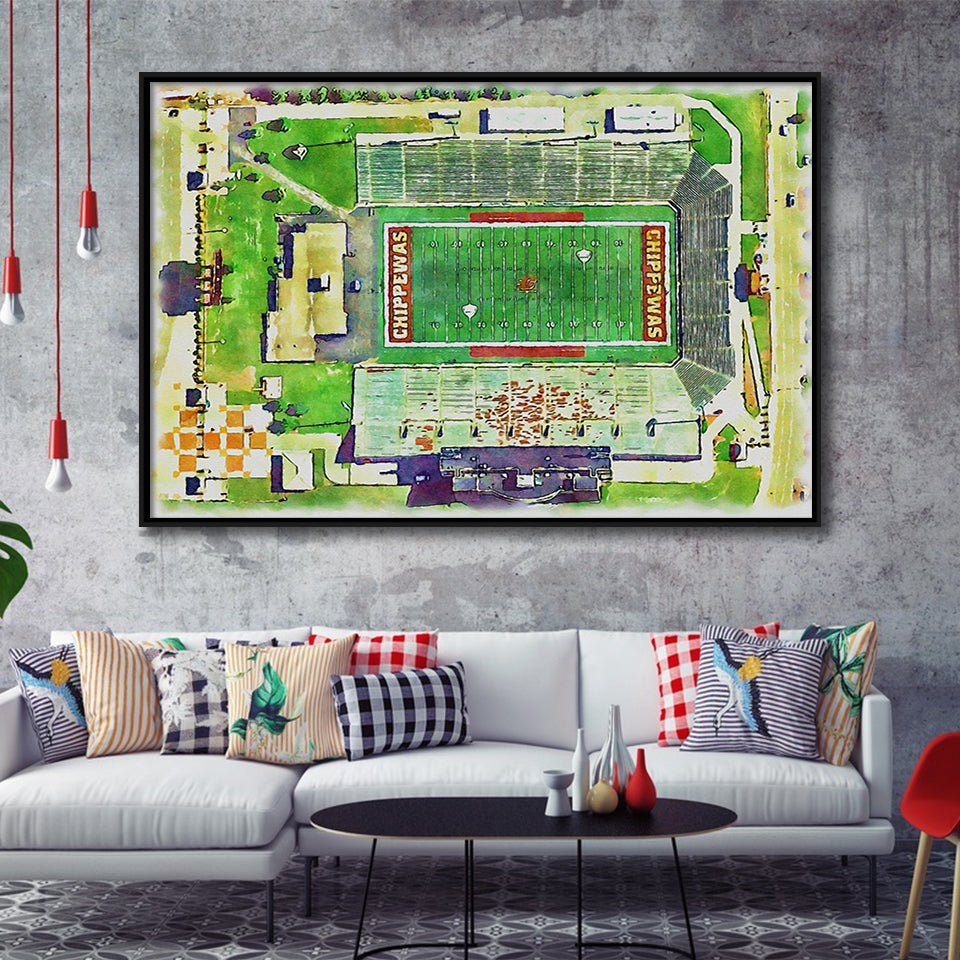 KellyShorts Stadium WaterColor Framed Canvas Prints, Mount Pleasant Michigan Watercolor, Stadium Art Gifts, Floating Frame