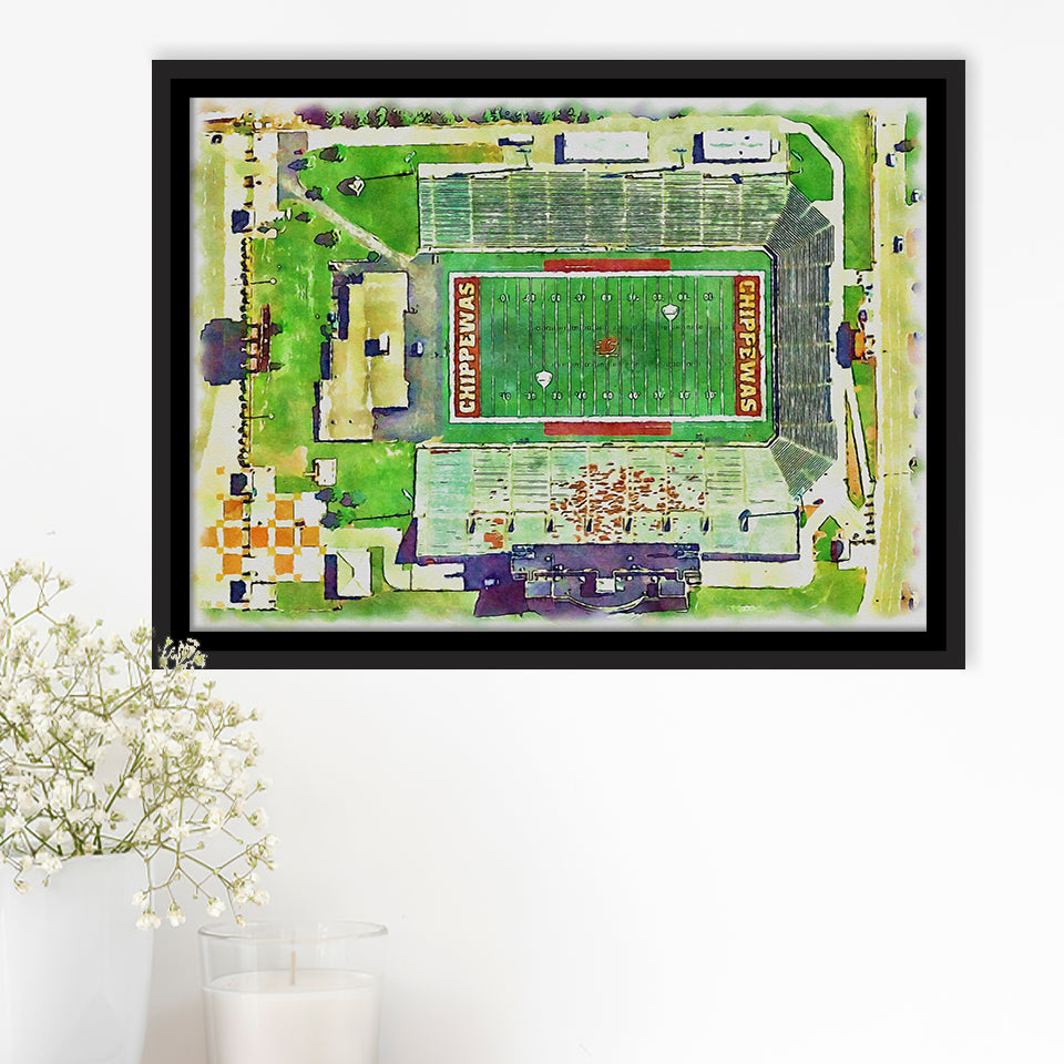KellyShorts Stadium WaterColor Framed Canvas Prints, Mount Pleasant Michigan Watercolor, Stadium Art Gifts, Floating Frame