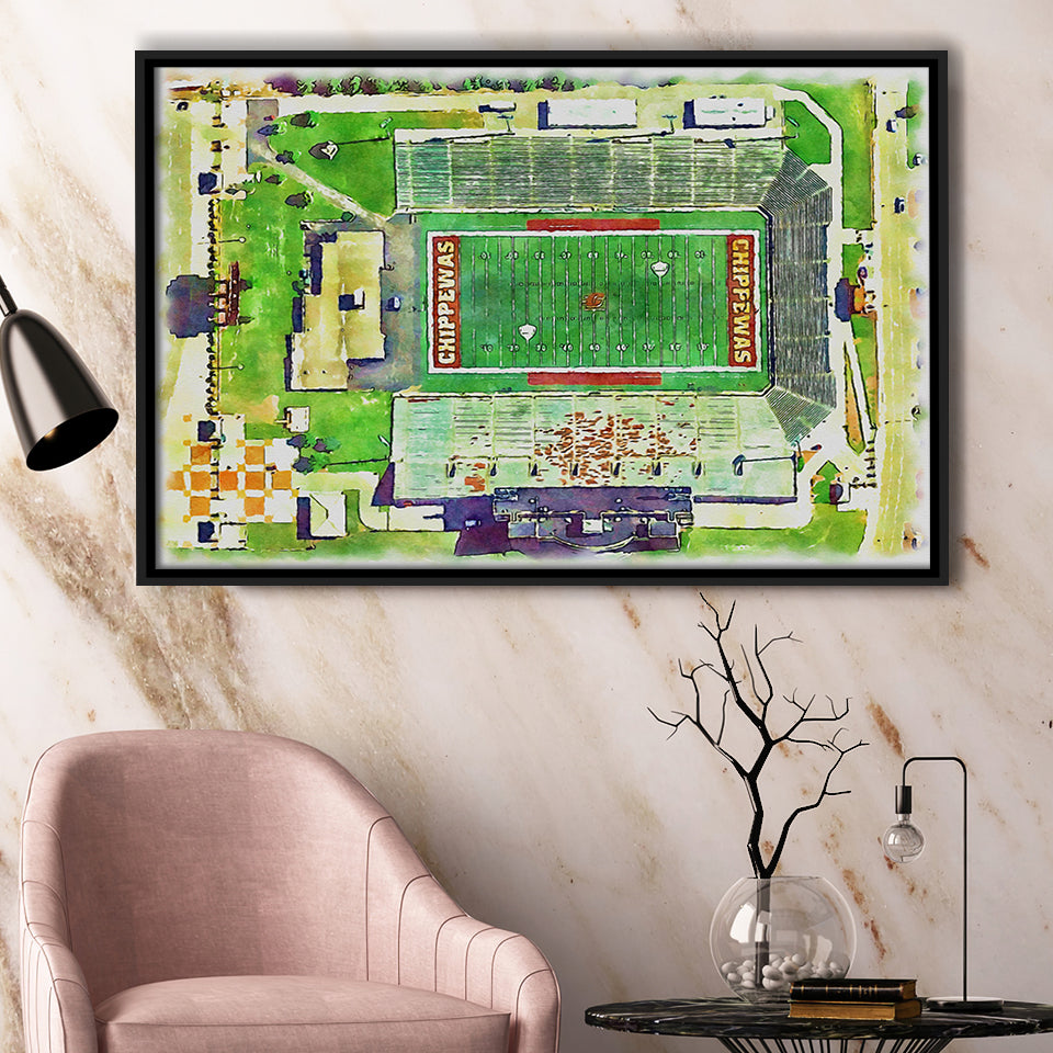 KellyShorts Stadium WaterColor Framed Canvas Prints, Mount Pleasant Michigan Watercolor, Stadium Art Gifts, Floating Frame