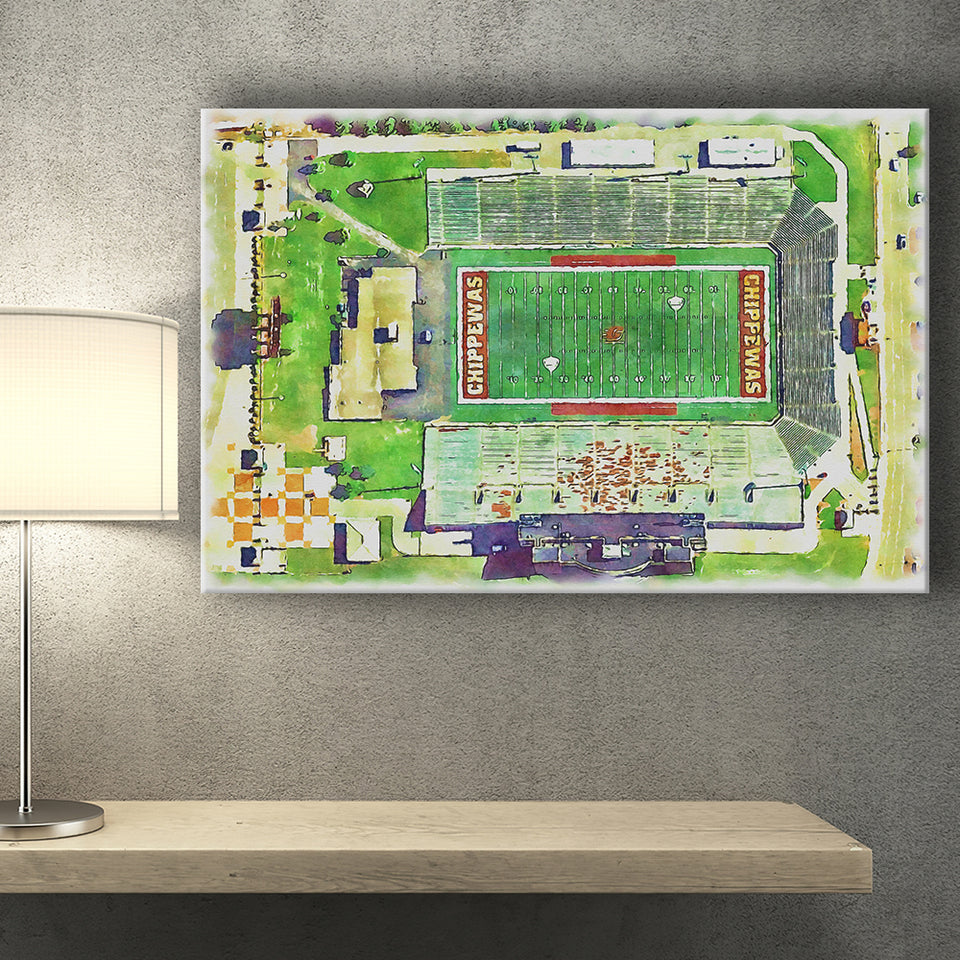 KellyShorts Stadium WaterColor Canvas Prints, Mount Pleasant Michigan Watercolor, Stadium Art Gifts