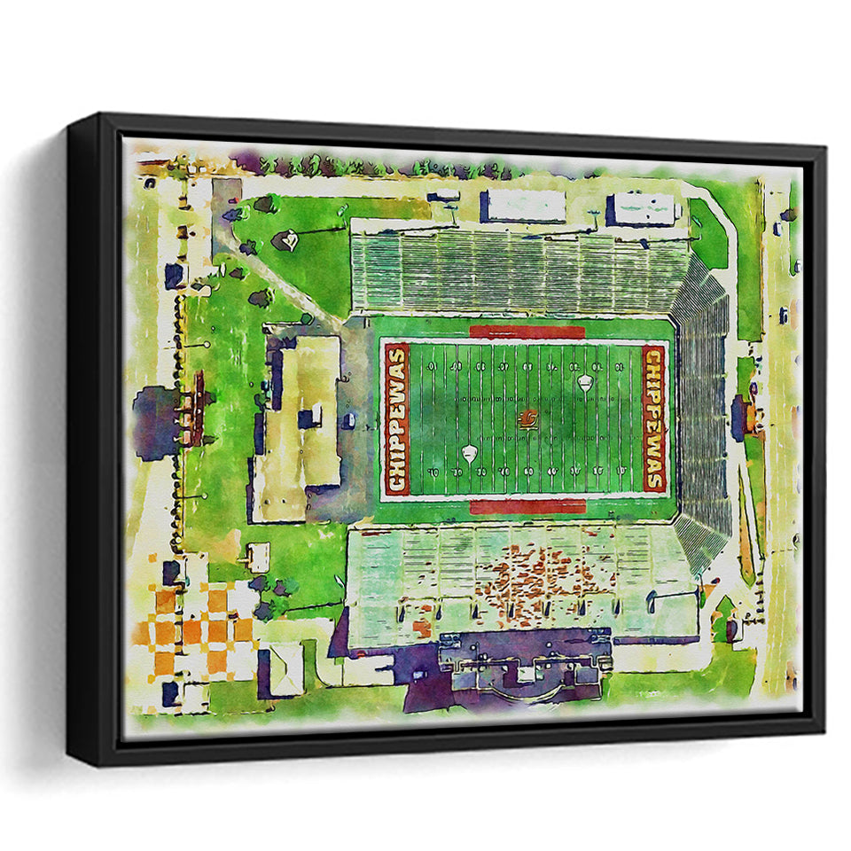 KellyShorts Stadium WaterColor Framed Canvas Prints, Mount Pleasant Michigan Watercolor, Stadium Art Gifts, Floating Frame