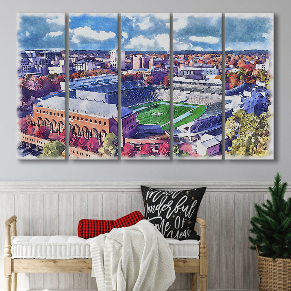 Kenan Memorial Stadium WaterColor 5 Panels B Mixed Canvas Prints, Extra Large, Chapel Hill North Carolina Watercolor