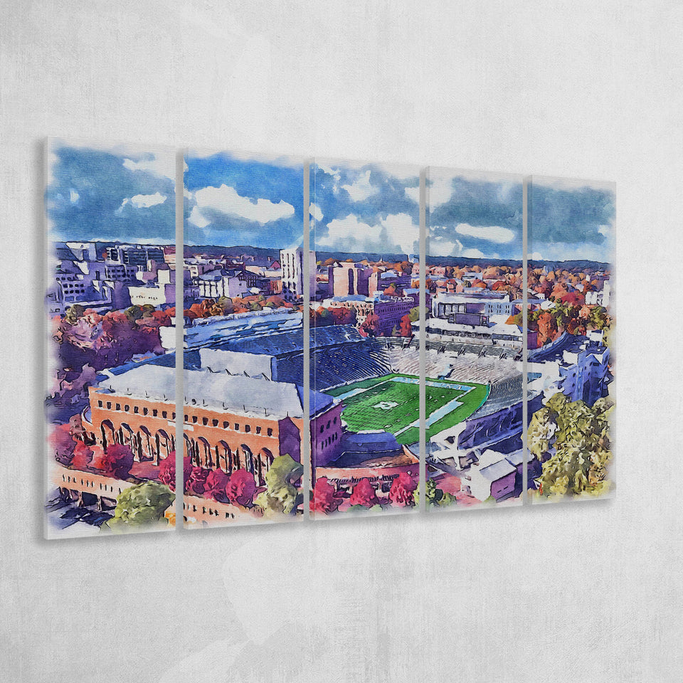 Kenan Memorial Stadium WaterColor 5 Panels B Mixed Canvas Prints, Extra Large, Chapel Hill North Carolina Watercolor
