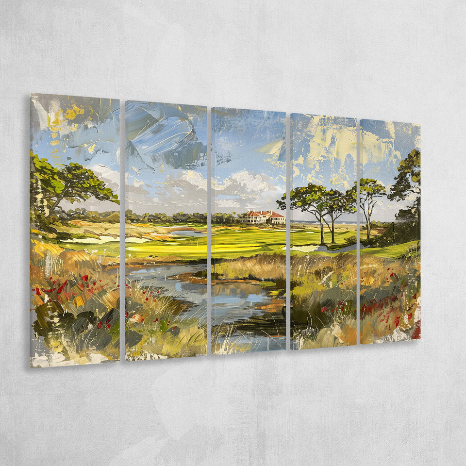 Kiawah Island Golf Resort Ocean Course Painting, Mixed 5 Panel B Canvas Print Wall Art Decor, Extra Large Painting Canvas