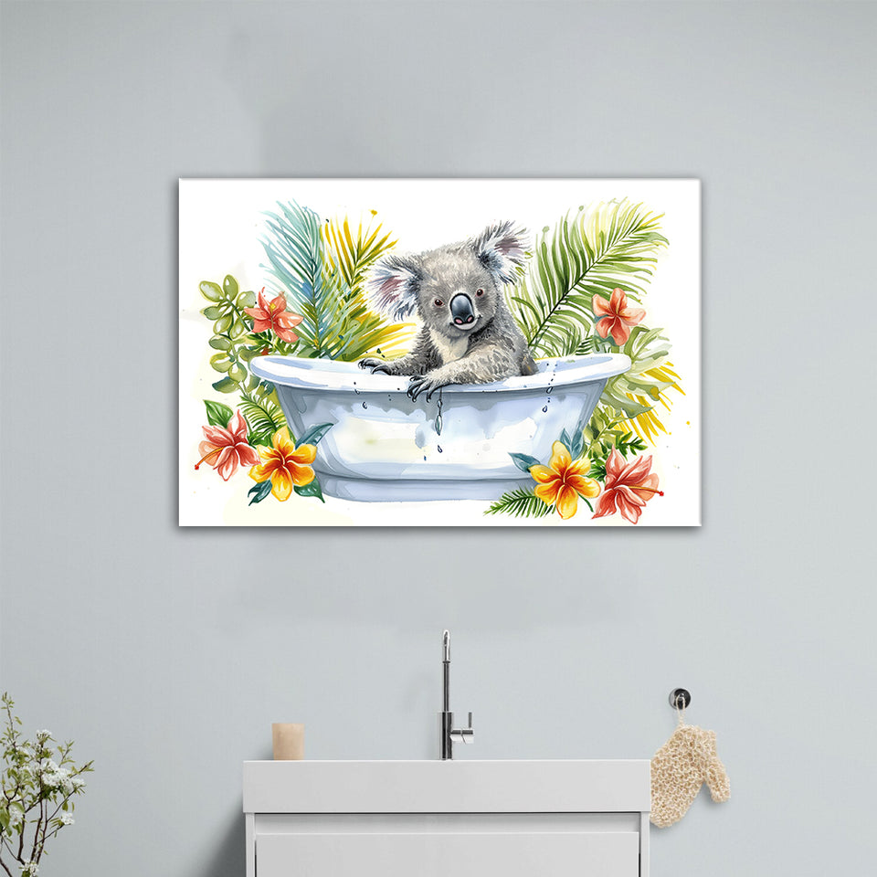 Koala In Bathtub Bathroom Print Tropical Leave, Bathroom Art Decor Canvas Prints Wall Art, Animal Bathroom Art