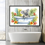 Koala In Bathtub Bathroom Print Tropical Leave, Bathroom Art Decor Framed Art PrintsWall Art, Animal Bathroom Art