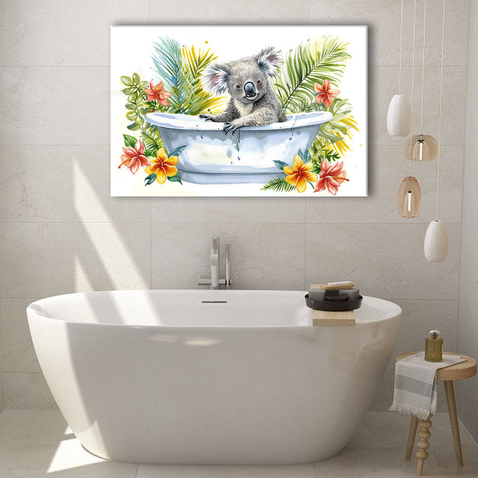 Koala In Bathtub Bathroom Print Tropical Leave, Bathroom Art Decor Canvas Prints Wall Art, Animal Bathroom Art