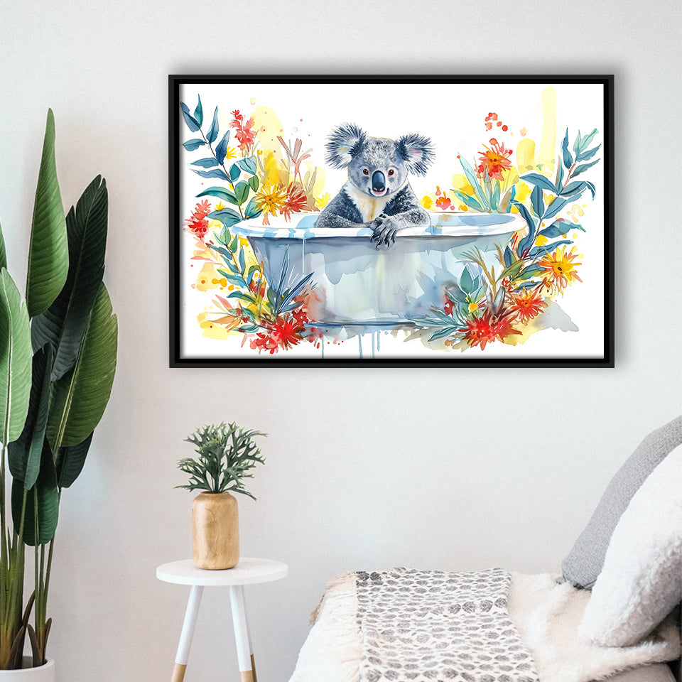 Koala In Bathtub Bathroom Print Tropical Leave V2, Bathroom Art Decor Framed Canvas Prints Wall Art,Floating Frame