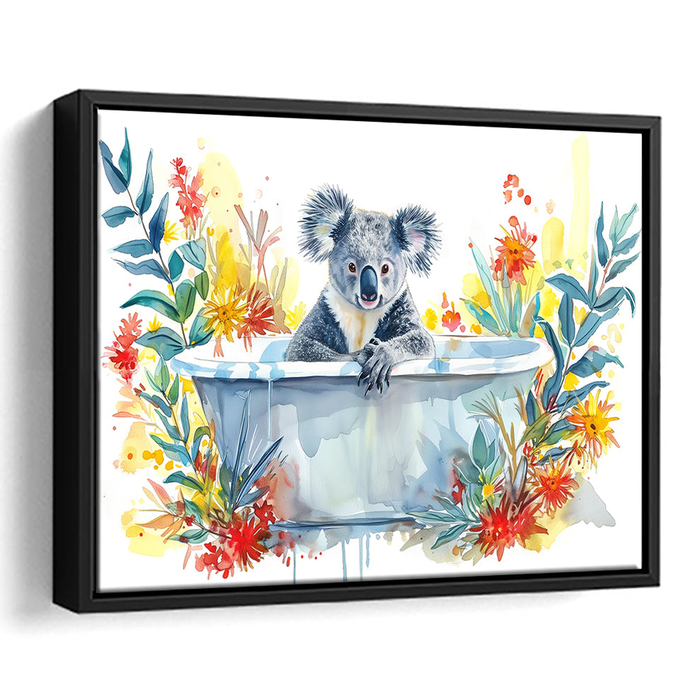 Koala In Bathtub Bathroom Print Tropical Leave V2, Bathroom Art Decor Framed Canvas Prints Wall Art,Floating Frame