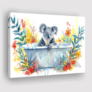 Koala In Bathtub Bathroom Print Tropical Leave V2, Bathroom Art Decor Canvas Prints Wall Art, Animal Bathroom Art