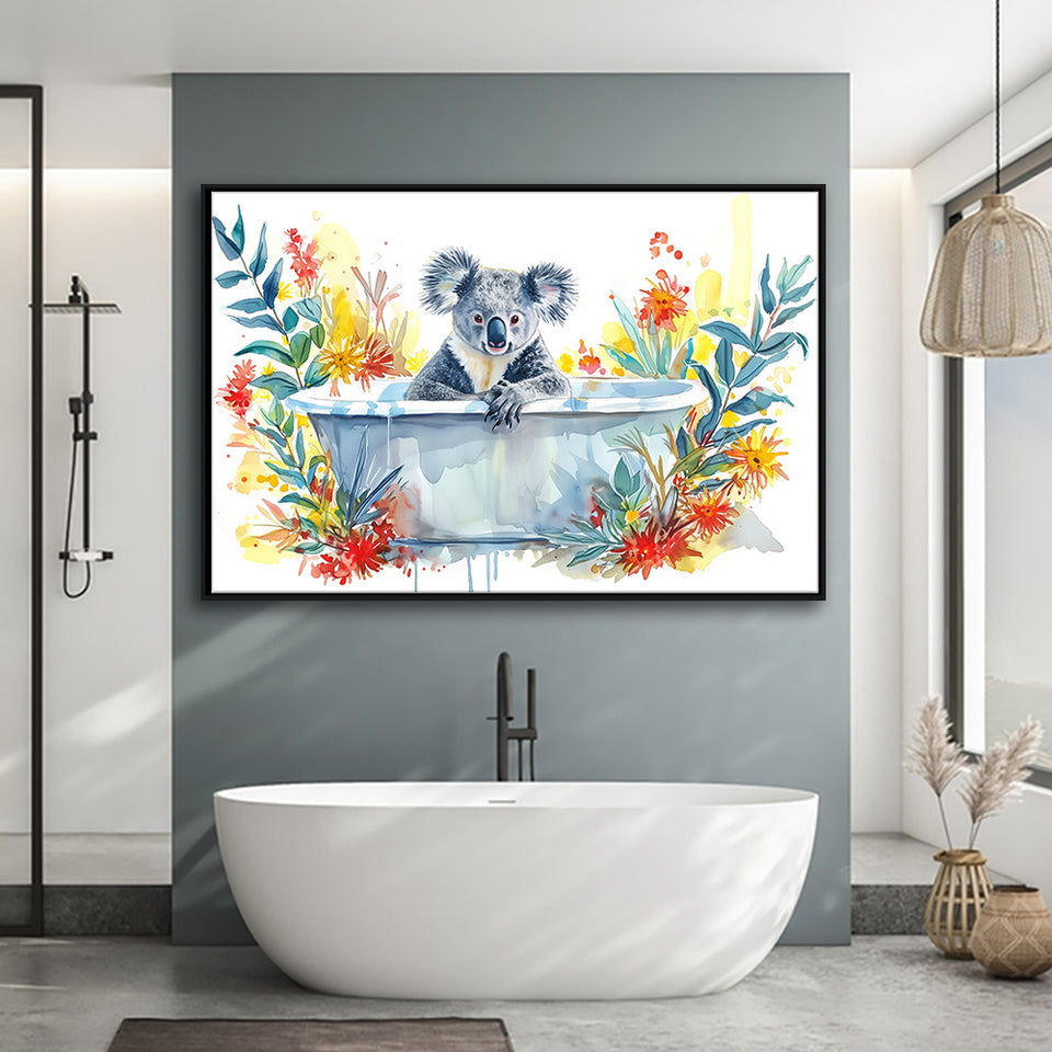 Koala In Bathtub Bathroom Print Tropical Leave V2, Bathroom Art Decor Framed Canvas Prints Wall Art,Floating Frame