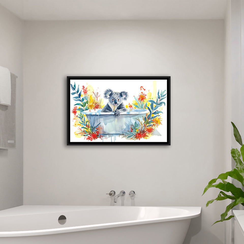 Koala In Bathtub Bathroom Print Tropical Leave V2, Bathroom Art Decor Framed Canvas Prints Wall Art,Floating Frame