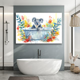 Koala In Bathtub Bathroom Print Tropical Leave V2, Bathroom Art Decor Canvas Prints Wall Art, Animal Bathroom Art